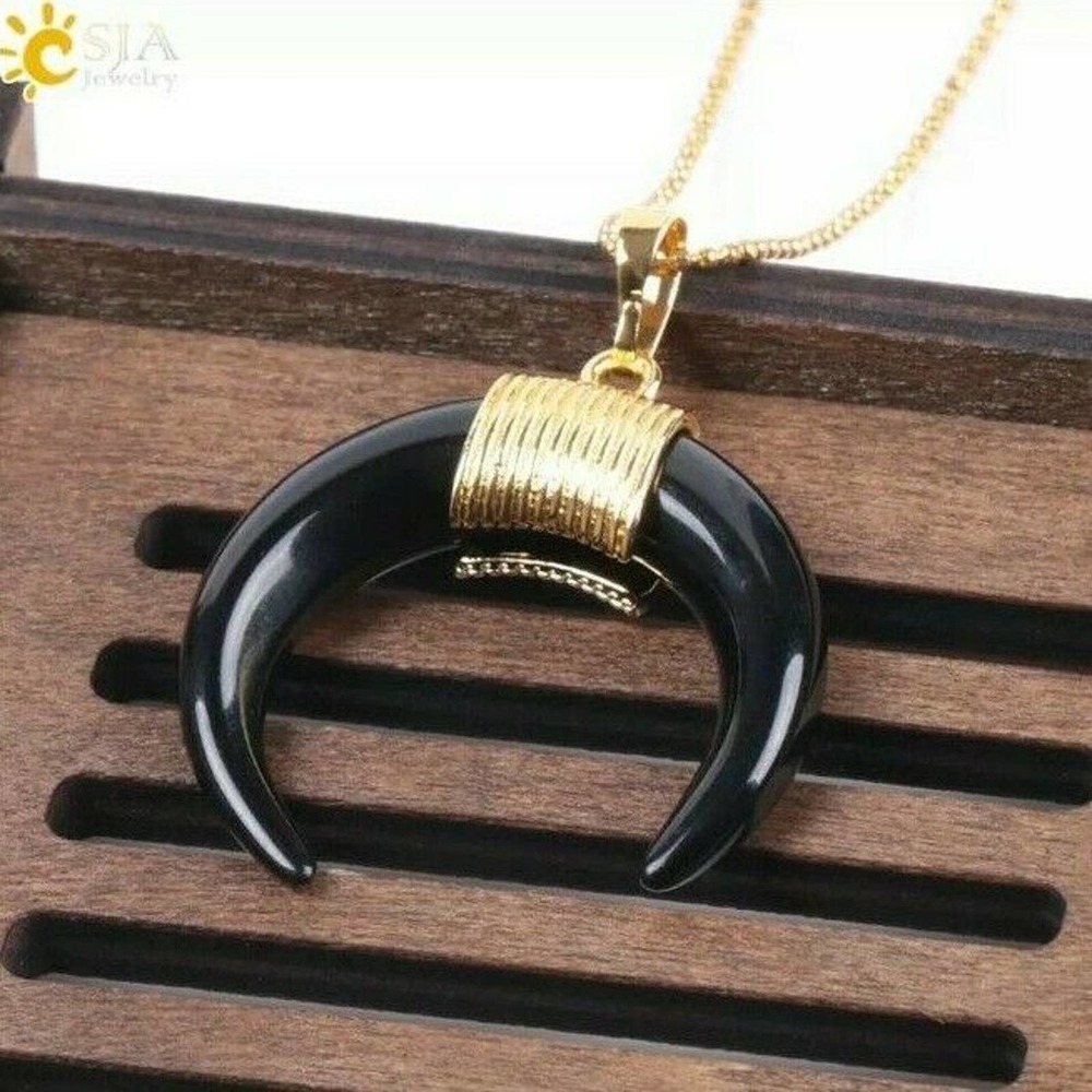 Gold Chain Necklace Black Pendant Horn Crescent